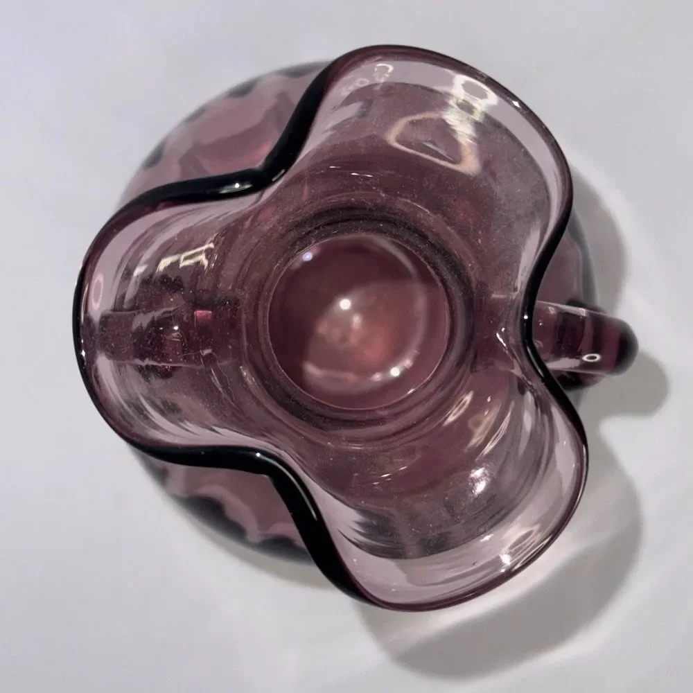 purple amethyst Glass Vase Crimped Edges Double Handles 6 inches Tall